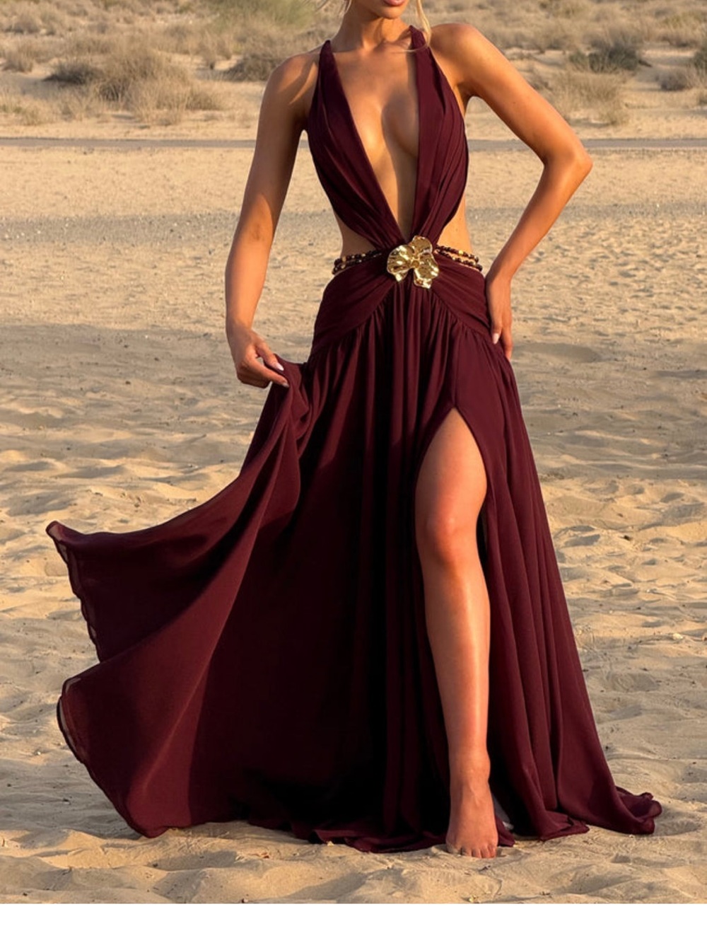 Plunging Halter Maxi Dress with Gold Accent - Burgundy